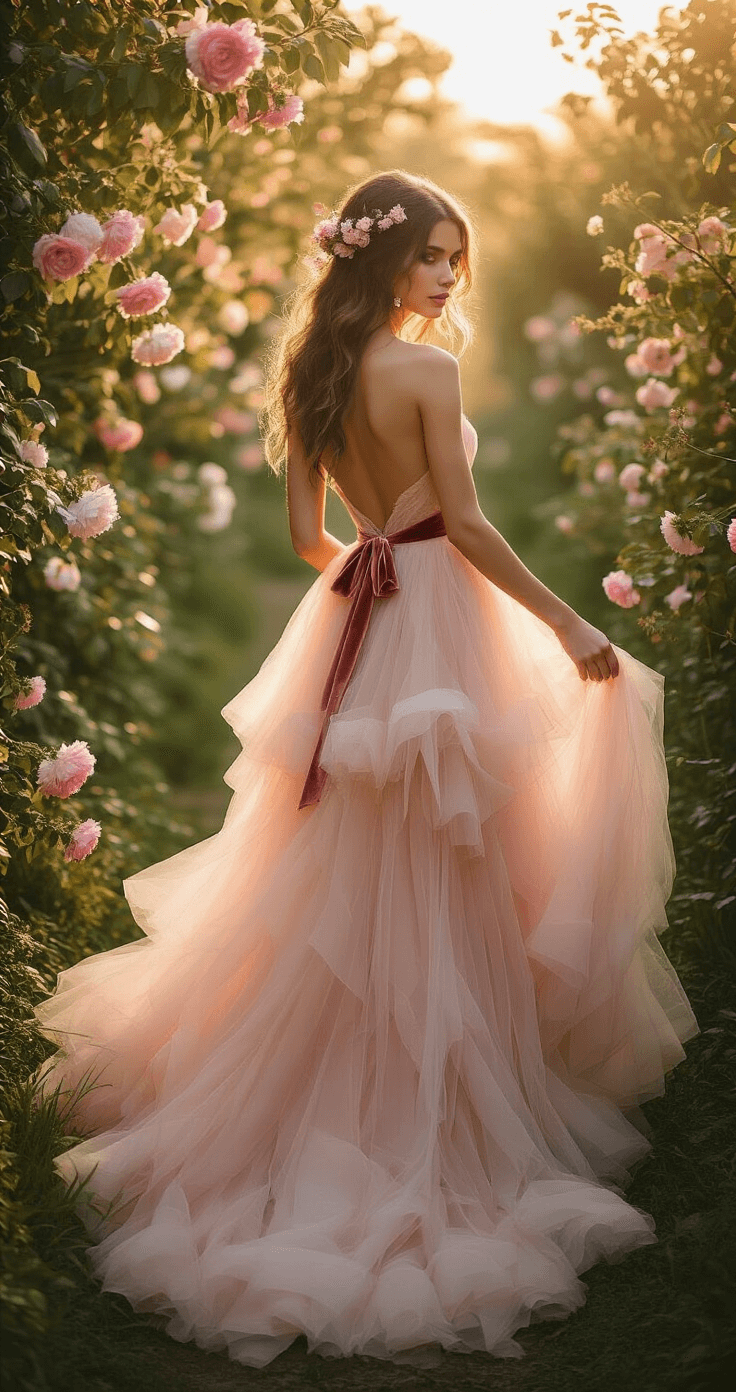 A model in a blush pink tulle gown with deep rose velvet ribbon, surrounded by a blooming garden during golden hour, her hair adorned with fresh flowers, captured from a low angle to highlight the dress's movement and the enchanting atmosphere.