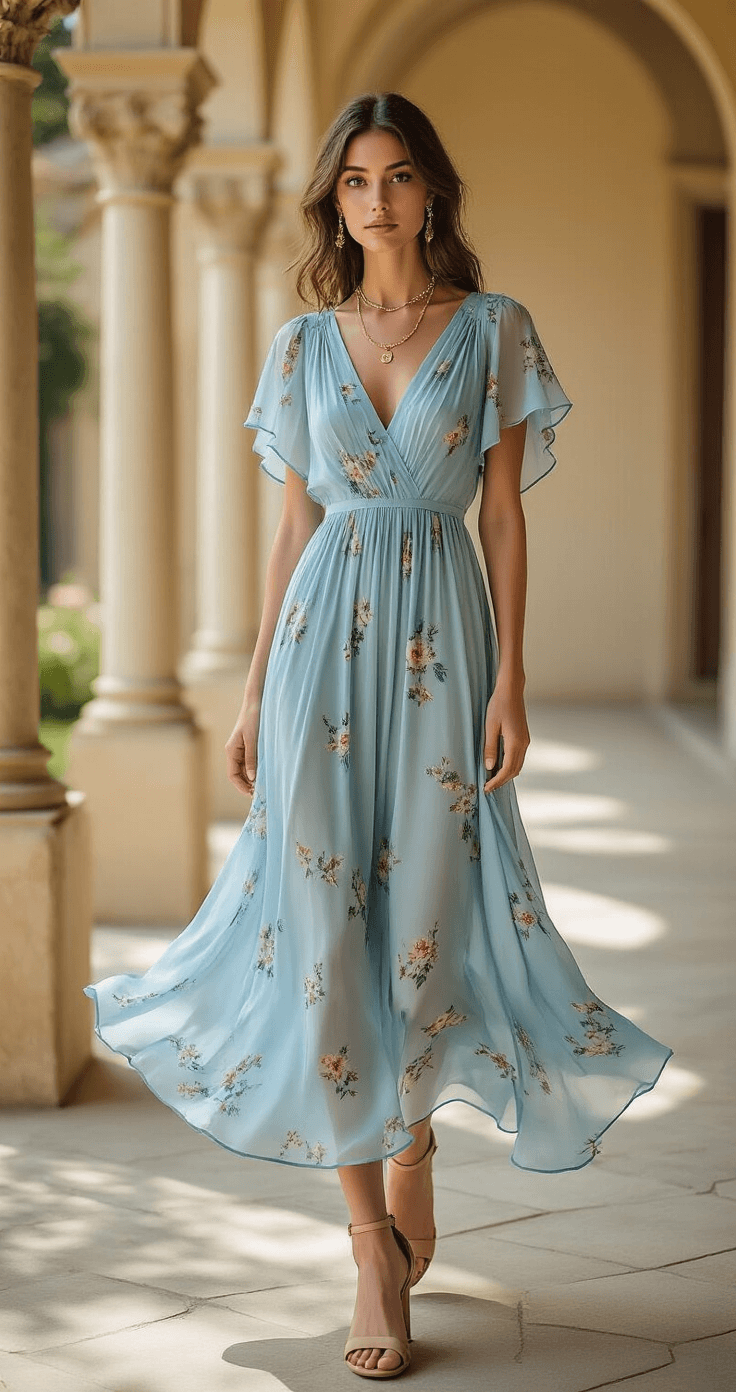 Model in a powder blue silk chiffon midi dress with floral print and flutter sleeves stands in a bright church courtyard, wearing nude block-heel sandals and layered gold necklaces, with natural midday lighting highlighting the dress's details against an architectural backdrop.