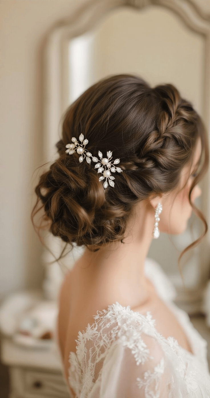 Close-up of a vintage-inspired vanity in a dressing room, featuring a romantic updo with loose tendrils and adorned with antique pearl hair pins and crystal clips, complemented by delicate drop earrings, all captured in soft, diffused lighting.