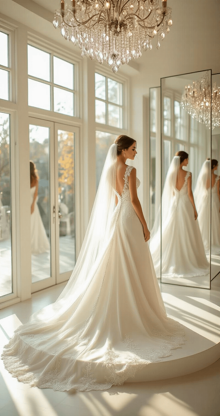 A bride-to-be in a classic A-line wedding gown with lace overlay stands on a raised platform in a sunlit bridal boutique, with morning light streaming through large windows and a crystal chandelier casting sparkles on her dress.