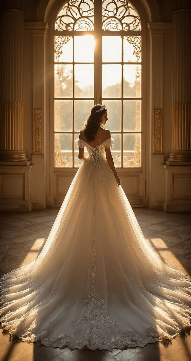 An elegant ballroom illuminated by golden hour light filtering through tall ornate windows, featuring a model in a dramatic off-shoulder ball gown with a structured silk bodice and voluminous tulle skirt adorned with pearls, complemented by a crystal-encrusted tiara. The dress's cathedral-length train is spread in a circular formation, captured from a low angle to showcase grandeur with dramatic shadows and highlights.
