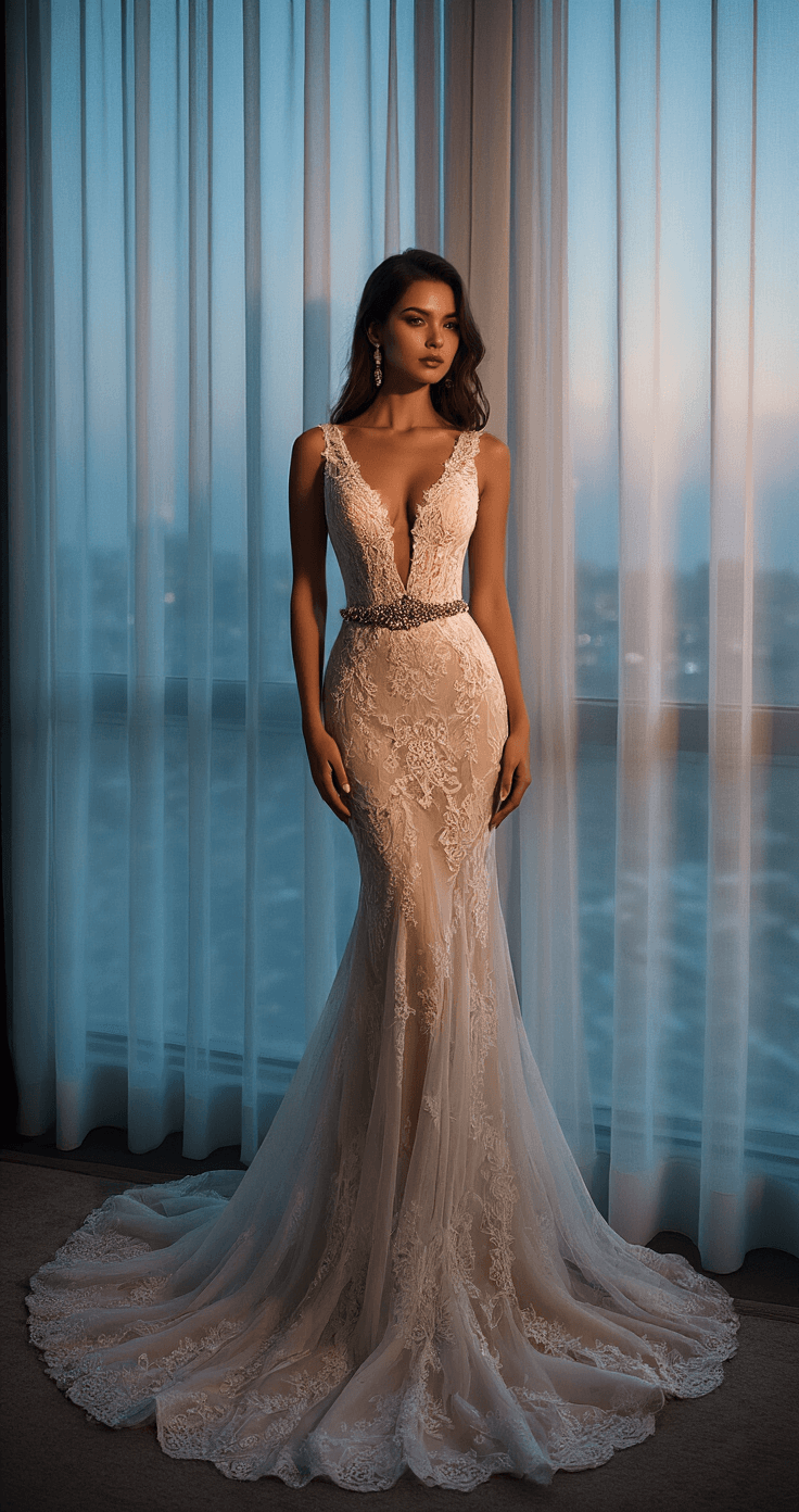 A model in a form-fitting mermaid gown with lace detailing stands in a luxury hotel suite, bathed in dusk light filtering through sheer curtains. The gown features a deep V-neckline, an illusion back with covered buttons, and a vintage-inspired beaded belt at the natural waist, with a dramatic flare below the knees. The shot is at eye level, highlighting the texture of the gown against a blurred background.