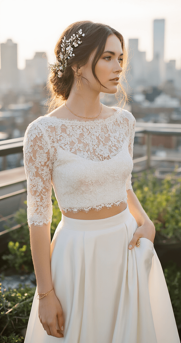 A bride in a modern two-piece ensemble featuring a cropped lace top and high-waisted silk skirt stands in an urban rooftop garden in the early morning light, adorned with a statement botanical hairpiece and delicate gold jewelry, with a city backdrop captured in an environmental portrait style.