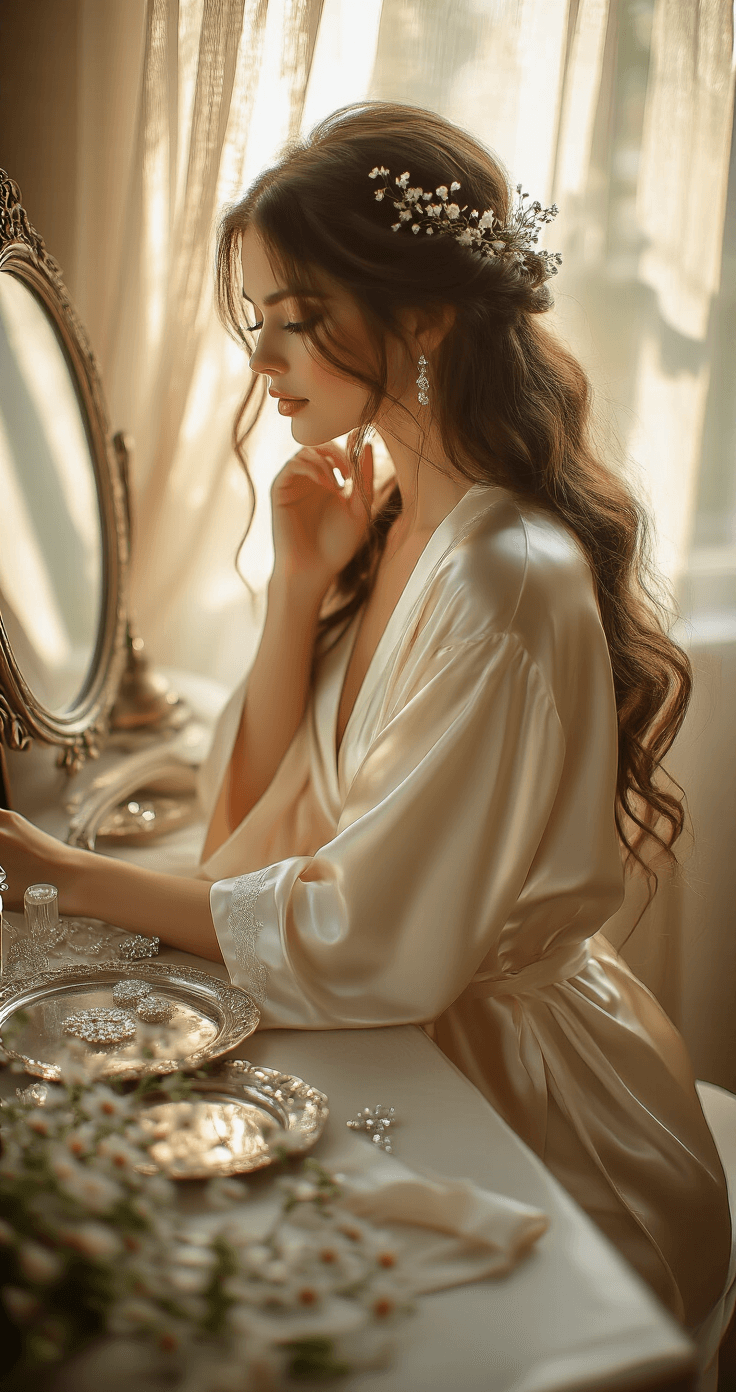 A bride in a cream silk robe sits at an elegant vanity, weaving wildflowers into her hair, with morning light filtering through sheer curtains, creating an ethereal atmosphere.