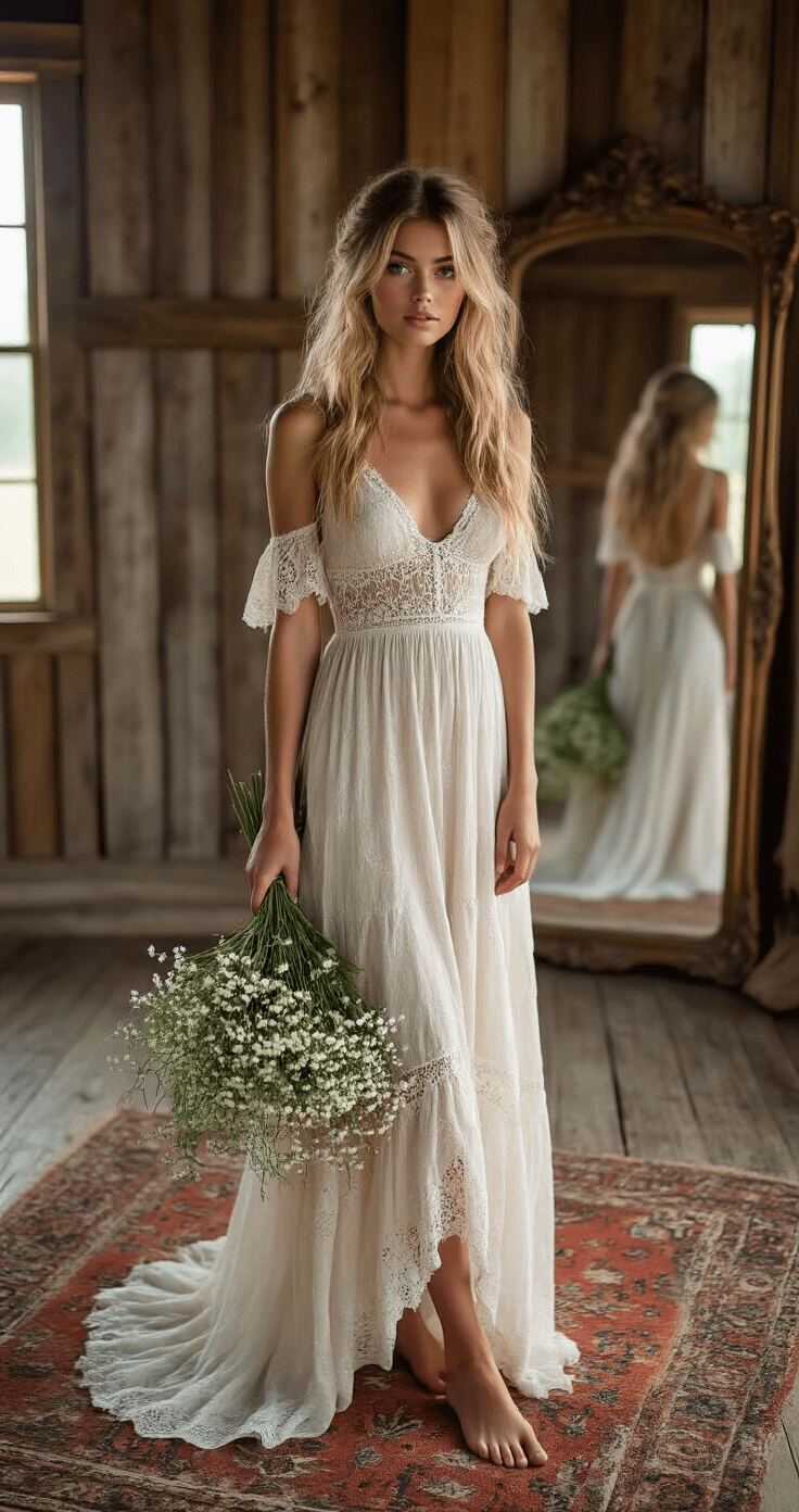 A model with honey-blonde hair adorned with baby's breath poses in a rustic barn, wearing an off-white bohemian lace dress and standing barefoot on a vintage Persian rug, while an antique full-length mirror reflects the soft afternoon light.