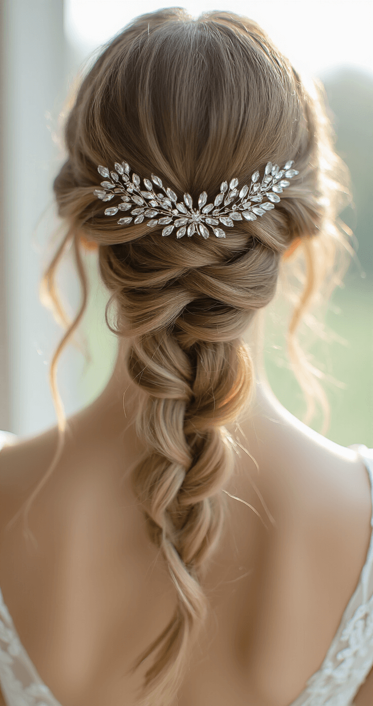Close-up of a waterfall braid cascading into loose waves, embellished with vintage crystal hair combs, set against a backdrop of a minimalist bridal suite with floor-to-ceiling windows and a warm late afternoon glow.