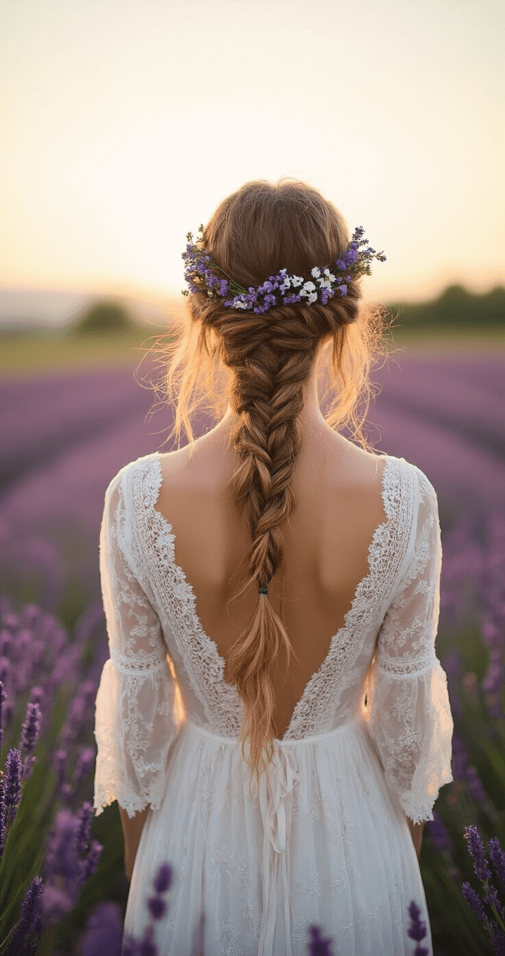 A woman in a bohemian lace dress stands in a lavender field at golden hour, with her half-up hairstyle adorned with fresh wildflowers. The scene captures the intricate braiding of her hair and the movement of her dress as the breeze flows through.