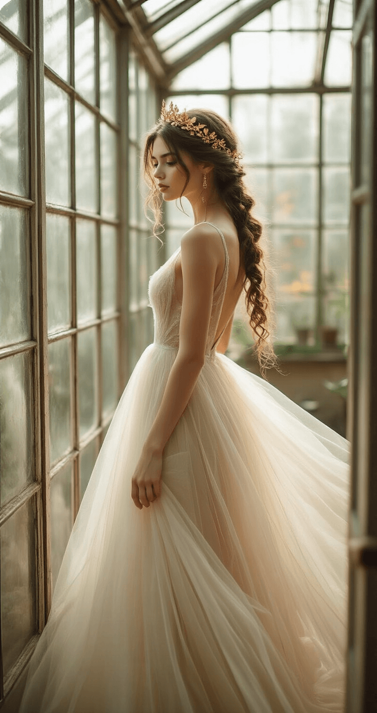 A model in an ethereal champagne tulle gown with a delicate gold leaf crown stands gracefully in a historic greenhouse, mid-morning light filtering through glass panels, showcasing multiple small braids woven into long, tousled waves, capturing a sense of movement and airiness.