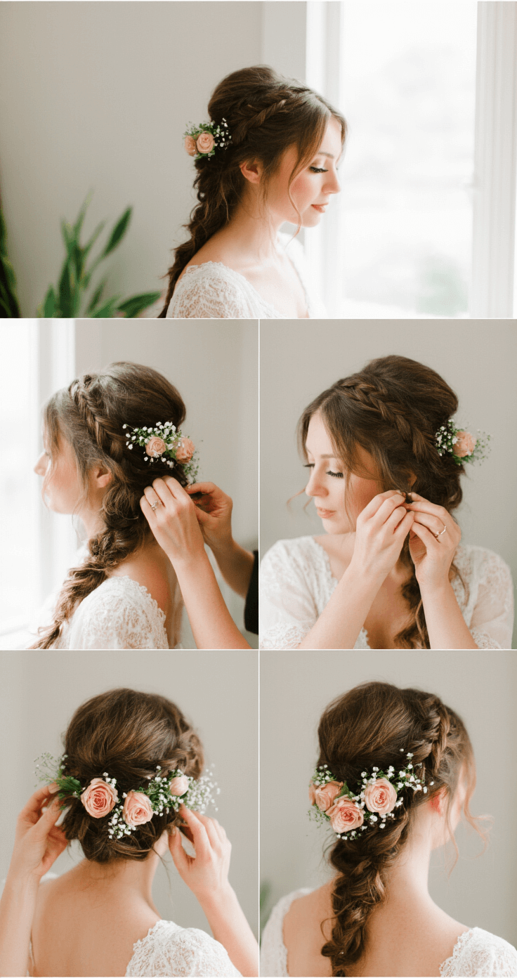 A stylist carefully arranges a loose bohemian updo in a cozy bridal prep room, with soft window light illuminating the intricate braided elements and delicate floral placements of small fresh roses and baby's breath. The image captures the hands-in-hair action, showing the hair in various stages of styling.