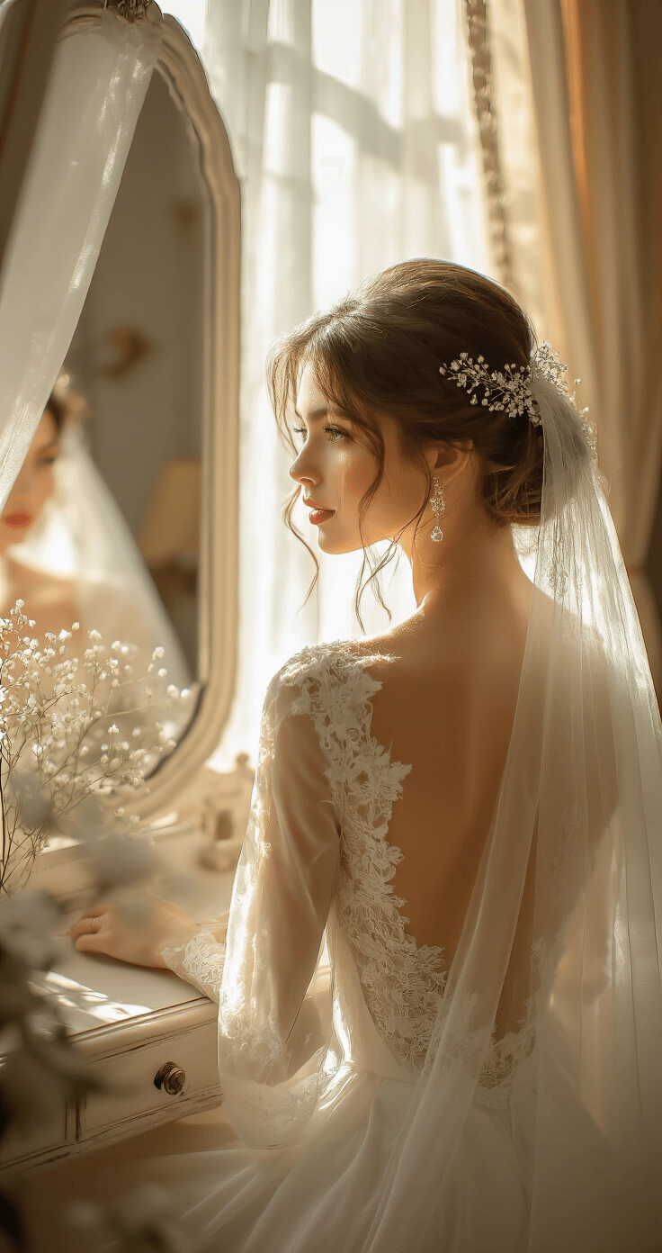 Ethereal bridal portrait of a bride at an elegant vanity in a sun-drenched suite, featuring a low chignon adorned with pearl pins and baby's breath, with soft tendrils framing her face, captured in warm morning light that highlights her lace veil and serene expression in the mirror's reflection.