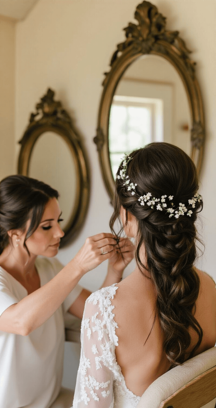 Bride with dark hair sitting in a rustic cottage, captured from behind as her stylist creates a French braid crown adorned with tiny white flowers, warm light illuminating the braid's texture against vintage mirrors and cream-colored walls.