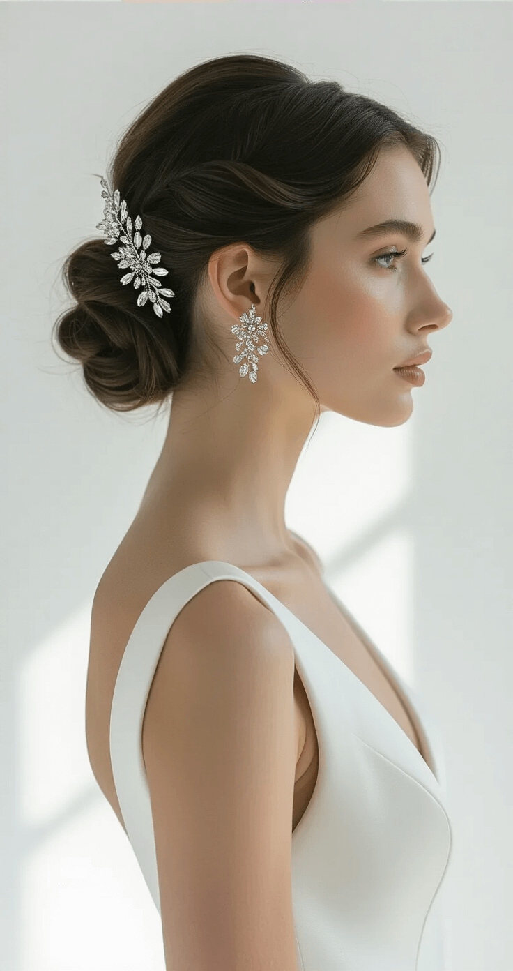 Contemporary bridal portrait showcasing a bride in a sleek modern gown with a sculptural updo, adorned with vintage crystal combs, set in a minimalist white studio with natural light creating soft shadows.