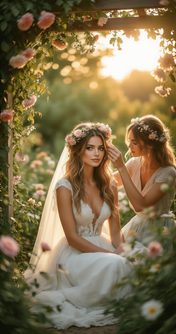 A bride sits under a flower-covered pergola at sunset, while her stylist adjusts her floral crown, surrounded by lush greenery and pastel blooms, with a golden backlight creating a halo effect.
