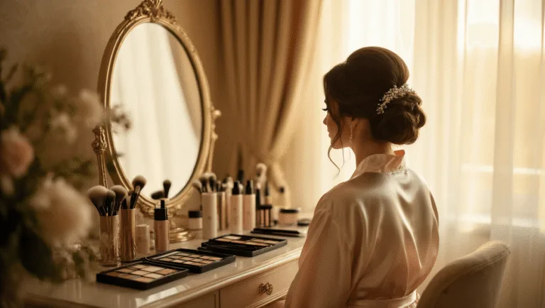 A bride in a silk robe sits at an elegant vanity, illuminated by warm morning sunlight, as a stylist works on her intricate updo amidst a luxurious bridal suite with a champagne color palette.