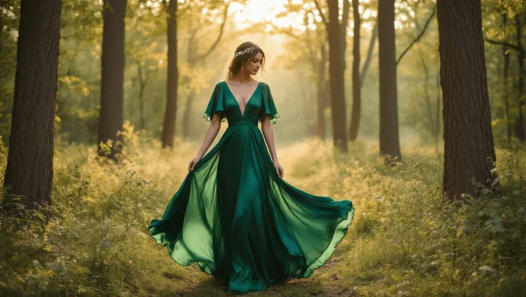 Woman in a flowing emerald green silk dress poses in a serene forest clearing during golden hour, surrounded by towering trees and dappled sunlight, with loose waves and minimal gold jewelry.
