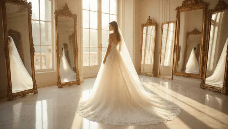 Ethereal bridal gown with layers of tulle and lace in a sunlit luxury boutique, featuring a fitted bodice, sweetheart neckline, and cathedral train, surrounded by ornate mirrors and warm golden hour light.
