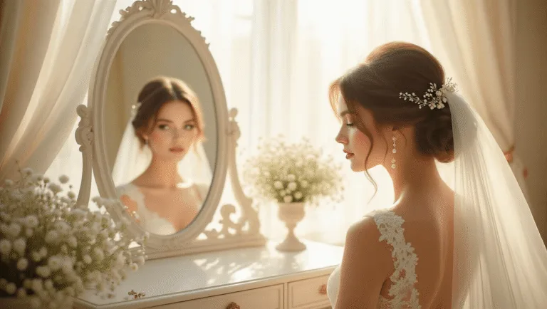 A bride with a romantic low chignon adorned with pearl pins and baby's breath sits at a sunlit white vanity, her serene expression reflected in an ornate mirror, with a lace veil draped nearby.