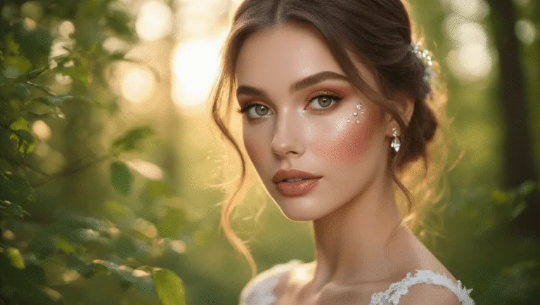 A close-up portrait of a bride with dewy skin, delicate face crystals, and natural makeup, illuminated by golden light filtering through forest trees, with a blurred green foliage background.