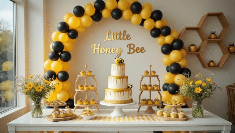 A sunny modern event space showcasing a lavish "Little Honey Bee" themed baby shower dessert display, featuring a gold-trimmed white dessert table with a 3-tier honey-drip cake, framed by a black and yellow balloon arch and adorned with honey pots, bee-themed treats, wildflowers, and geometric decor.