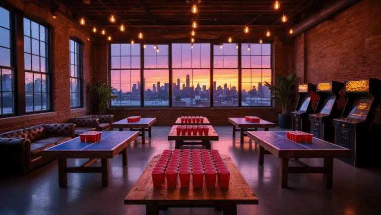 A cinematic view of a bachelor party game setup in an industrial loft, featuring beer pong tables, warm ambient lighting, and a sunset skyline, with a focus on dramatic composition and depth of field.
