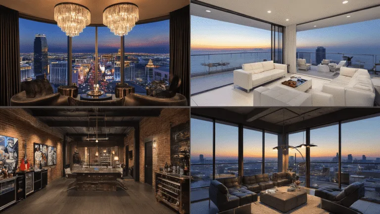 A luxurious composite image of bachelor party destinations featuring a Las Vegas penthouse with city views, a Miami beachfront suite, an industrial Austin loft, and a minimalist Ibiza villa, all showcasing high-end design and dramatic lighting.