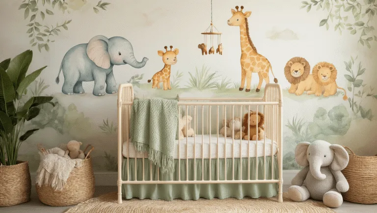 A dreamy nursery corner with a watercolor safari animal mural, vintage cream crib with sage linens, jute rug, and potted plants, bathed in soft golden hour light, creating an ethereal atmosphere.