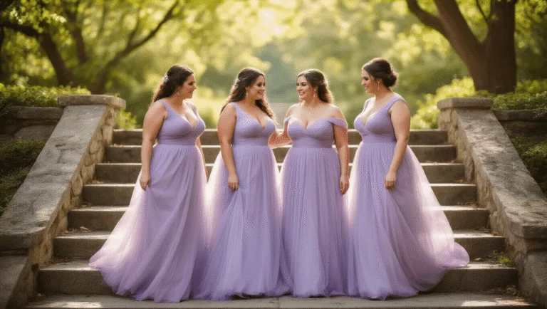 Four plus-size bridesmaids in flowing lavender tulle gowns pose naturally on stone garden steps, bathed in dappled sunlight with a soft bokeh effect, capturing candid interactions in a romantic documentary style.
