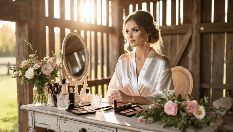 A bride in a silk robe applies makeup at a vintage vanity in a rustic barn, with sunlight streaming through wooden slats, surrounded by luxury beauty products and fresh flowers on a distressed wooden table.