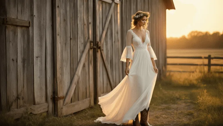 A dreamy bride in an ivory chiffon dress with lace details stands before weathered barn doors, illuminated by golden hour light, wearing a wildflower crown and cowboy boots.