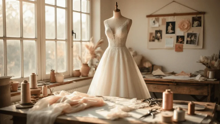 A warm, sunlit seamstress studio featuring a white wedding dress on a mannequin in mid-transformation, surrounded by blush fabric swatches, vintage lace samples, and spools of metallic thread, with a mood board of inspiration photos in the background.