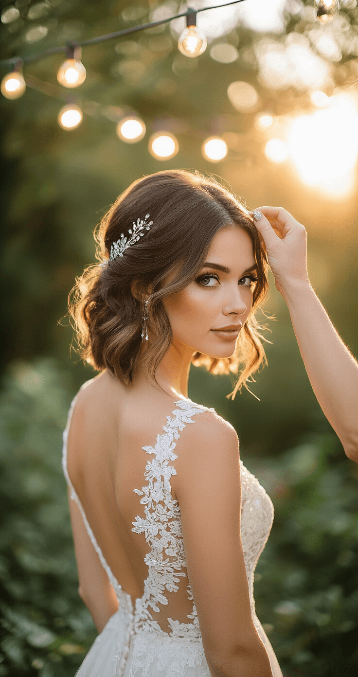 A bride with a chin-length bob in romantic waves wears a lace open-back dress while a hairstylist adds crystal hair pins in a garden at golden hour, surrounded by soft bokeh from string lights and natural foliage.