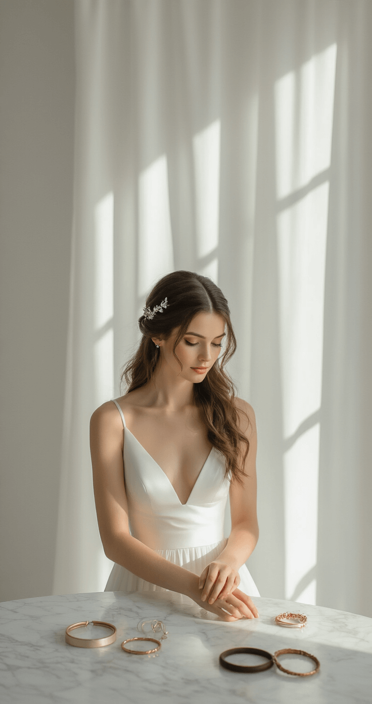 A bride with shoulder-length hair styled in a half-up braid stands in a minimalist white studio, surrounded by vintage-inspired hair accessories on a marble surface, with natural light and soft shadows from sheer curtains.