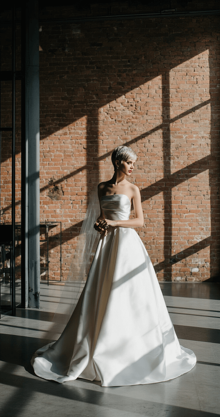 Bride in a modern industrial loft with exposed brick, wearing a structured gown and delicate tiara, illuminated by dramatic lighting, surrounded by metal and glass elements.