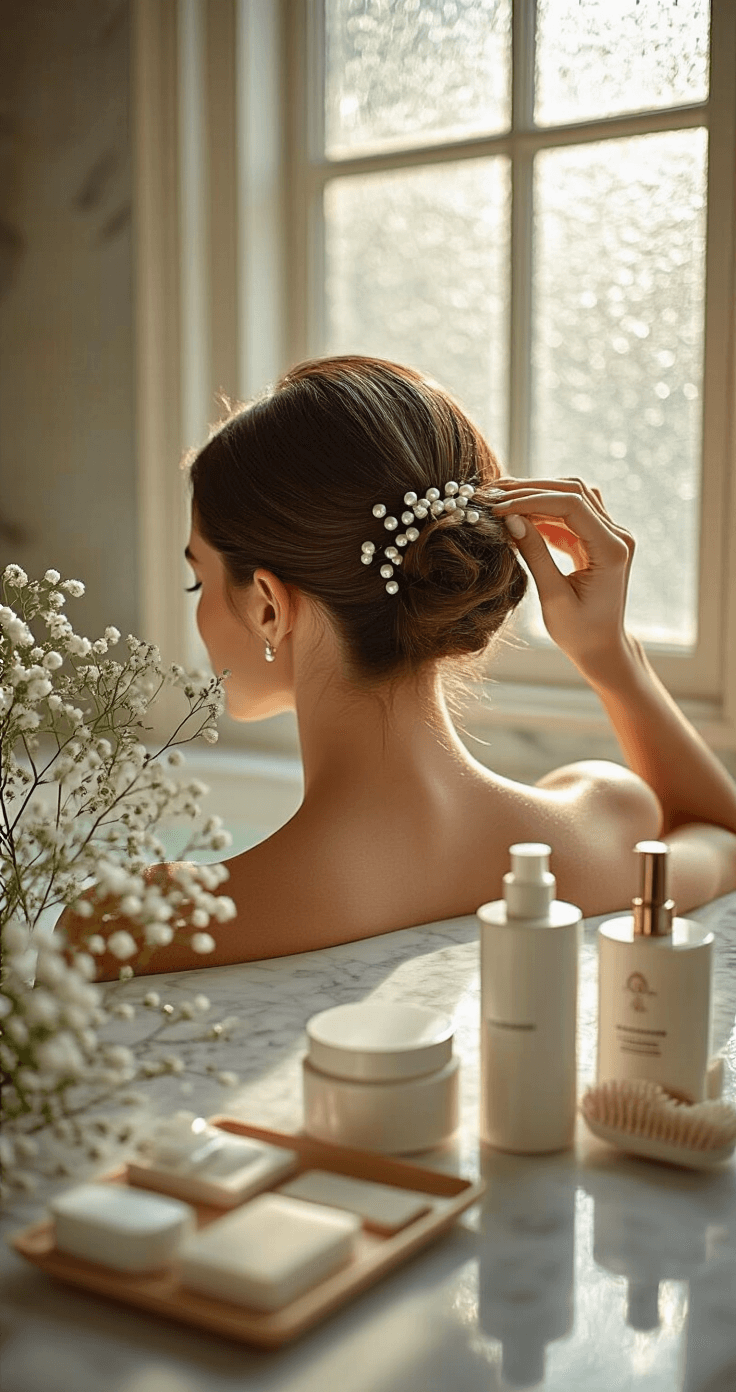 A luxurious hotel bathroom with marble surfaces, featuring close-up details of short hair styled with pearl pins and baby's breath flowers, illuminated by soft morning light filtering through frosted windows. Premium styling products and tools are arranged aesthetically nearby.