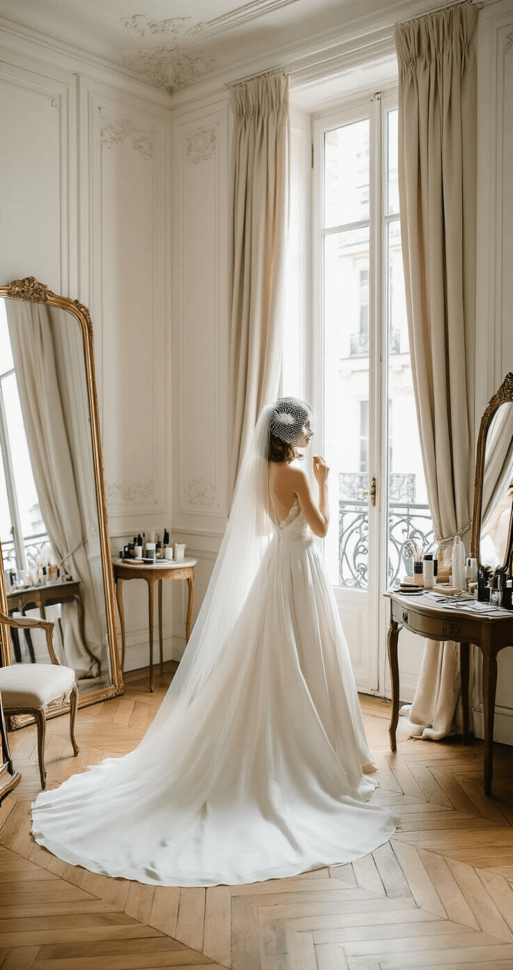 A bride in a Parisian-style apartment, with herringbone floors and tall windows, adjusts her birdcage veil near billowing curtains. The setting features classic furniture and mirrors, a visible styling station with curated products, and a mix of natural light and LED panels illuminating the scene.