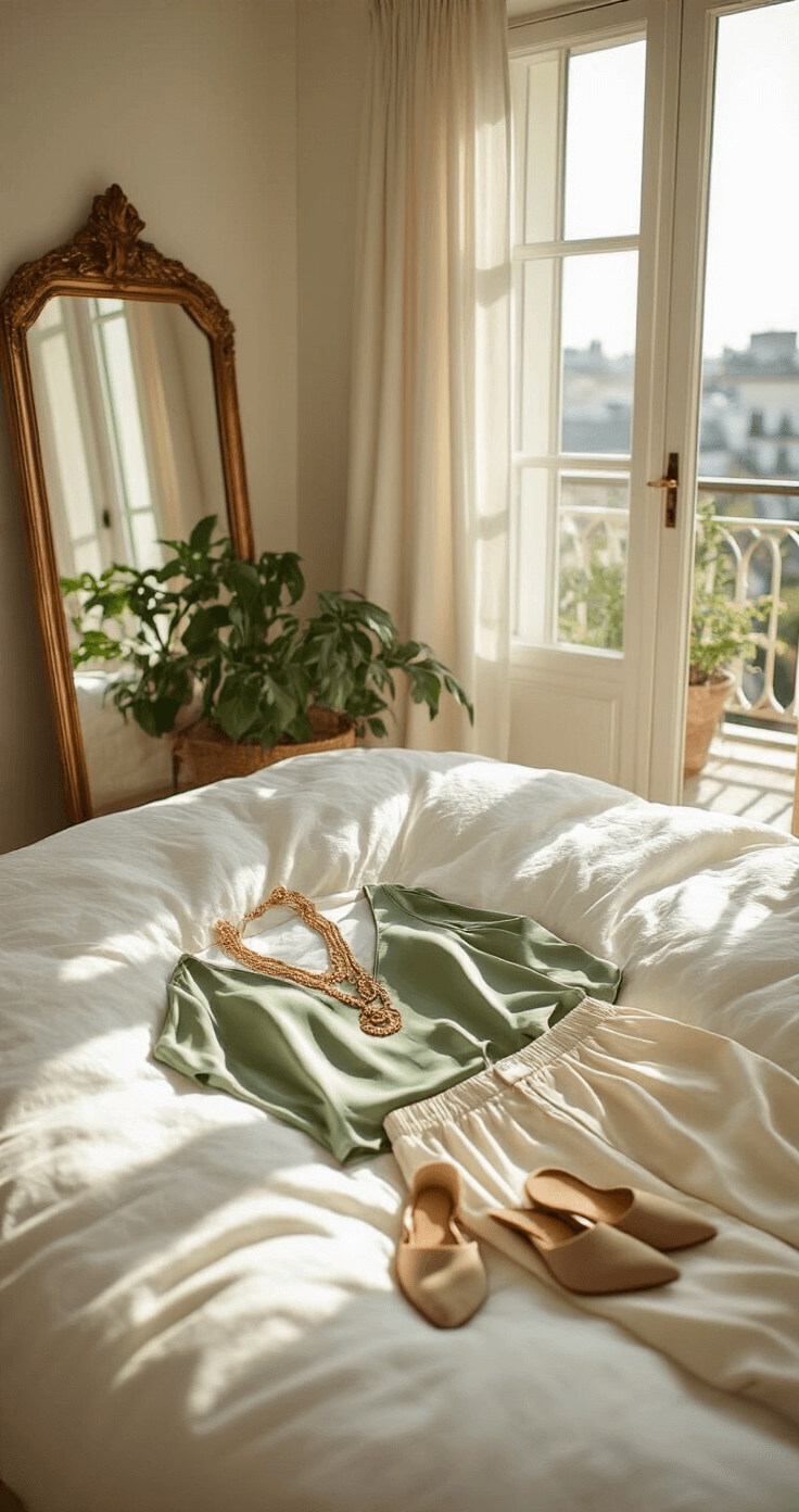 Bright, airy bedroom with French doors leading to a balcony, morning light highlighting a silk sage green camisole, high-waisted cream trousers, layered gold necklaces, and suede mules on a white linen duvet; a vintage mirror reflects natural light, surrounded by potted plants, captured in detailed overhead flat lay composition with soft shadows.