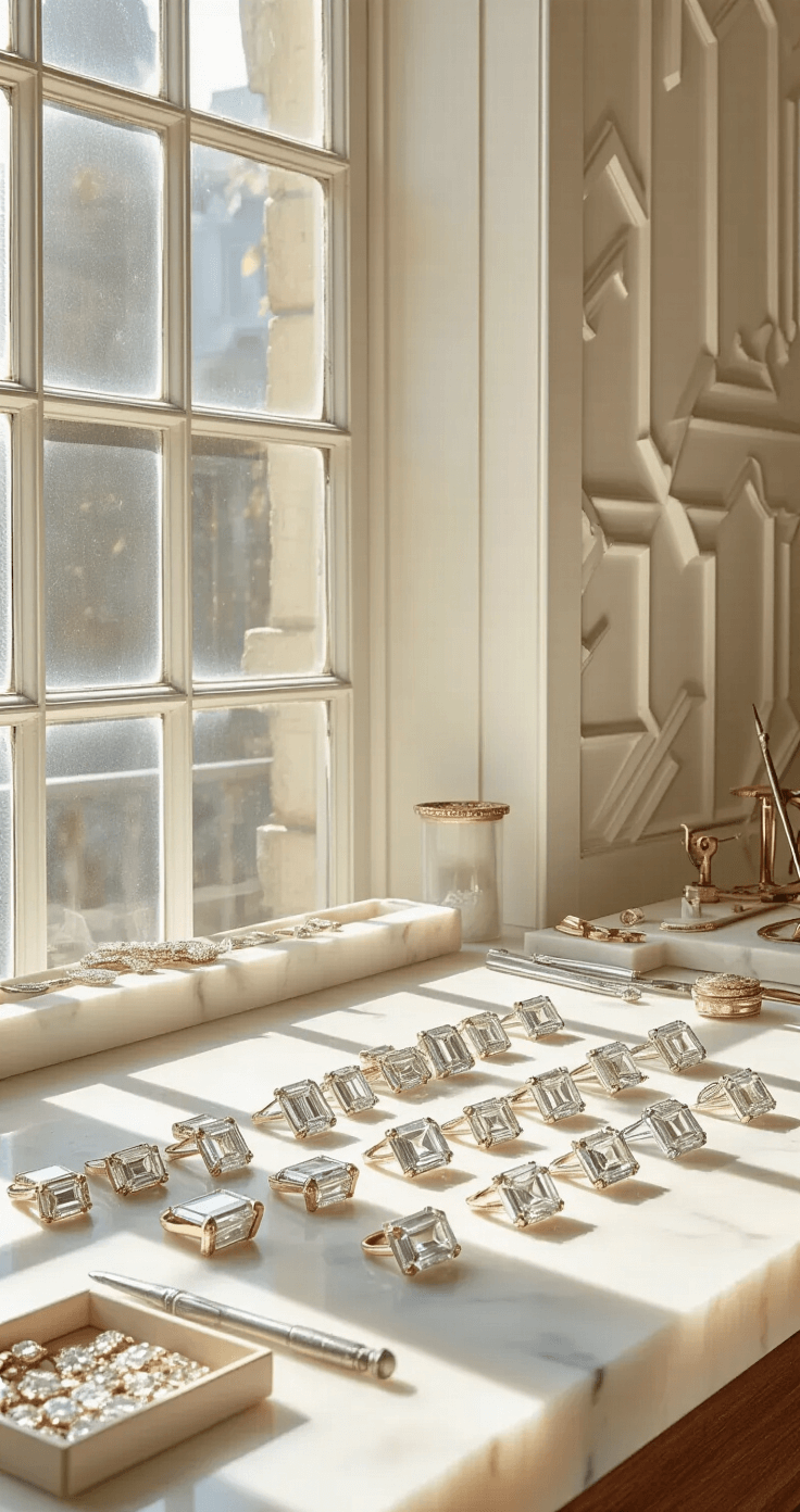 A bright jewelry studio featuring floor-to-ceiling windows, showcasing a white marble workbench adorned with an array of baguette engagement rings, while Art Deco-inspired wall panels provide a geometric backdrop; illuminated by late morning light, with master jeweler's tools and loose baguette diamonds artistically arranged.