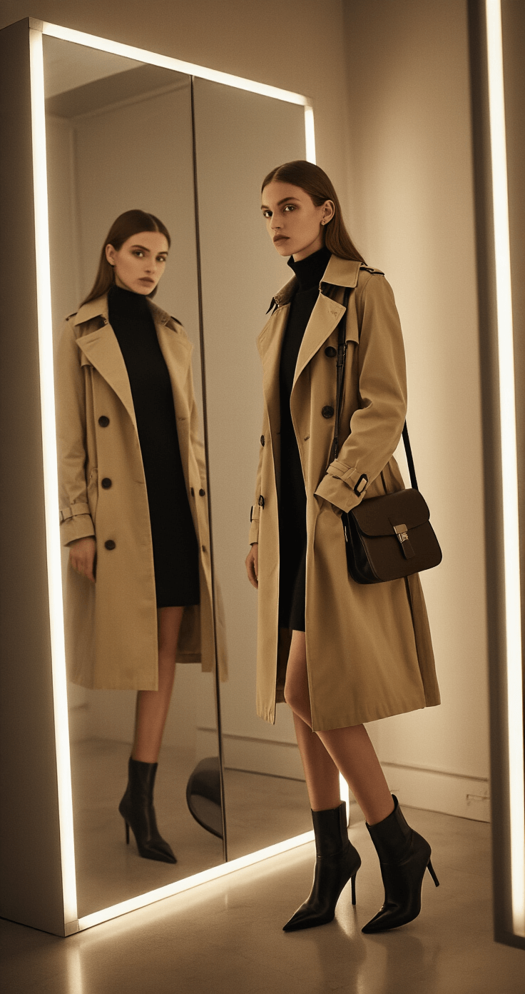 A model trying on a khaki trench coat in a stylish downtown boutique fitting room, reflected in a mirror. She pairs the coat with a black turtleneck dress, a leather crossbody bag, and pointed ankle boots, all under warm spotlighting that casts dramatic shadows.