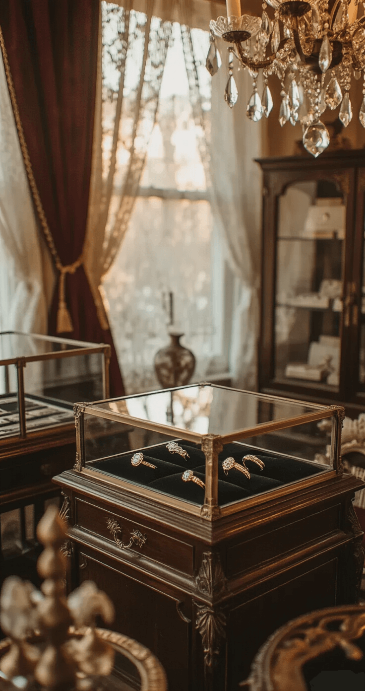 A vintage boutique display featuring a glass display case with three distinctive baguette rings on black velvet, framed by dark walnut cabinets and illuminated by golden hour light filtering through lace curtains, with antique brass fixtures and crystal chandeliers enhancing the atmosphere.