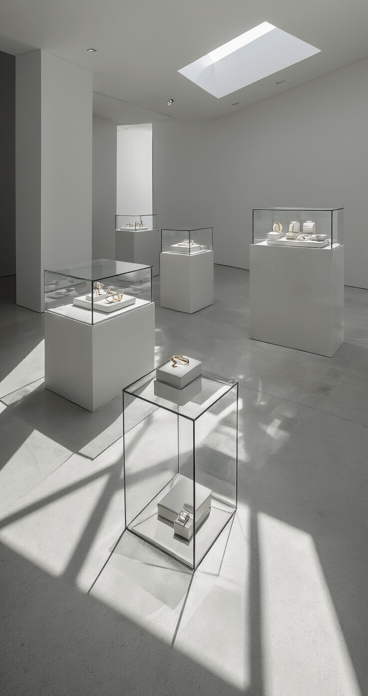 Aerial view of a modern minimalist jewelry showroom featuring polished concrete floors and floating glass displays showcasing baguette rings, illuminated by afternoon light streaming through a skylight, creating dramatic shadows and geometric patterns. White walls and strategic LED spotlights enhance the clean lines, complemented by a monochromatic palette with subtle metallic accents.