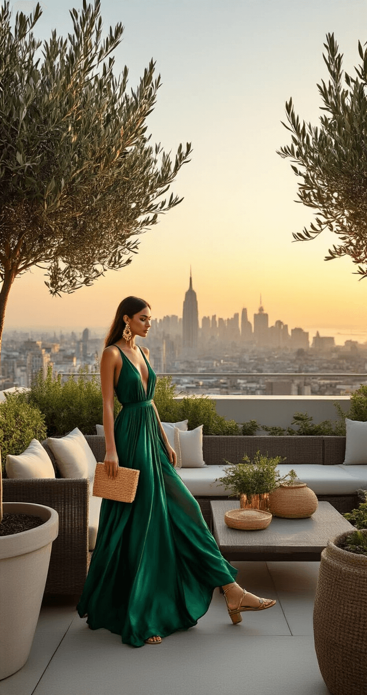 Rooftop garden terrace at sunset featuring a fashion editor arranging an emerald green silk maxi dress, gold earrings, strappy sandals, and a woven clutch on modern furniture, framed by potted olive trees and a city skyline backdrop in golden hour lighting.
