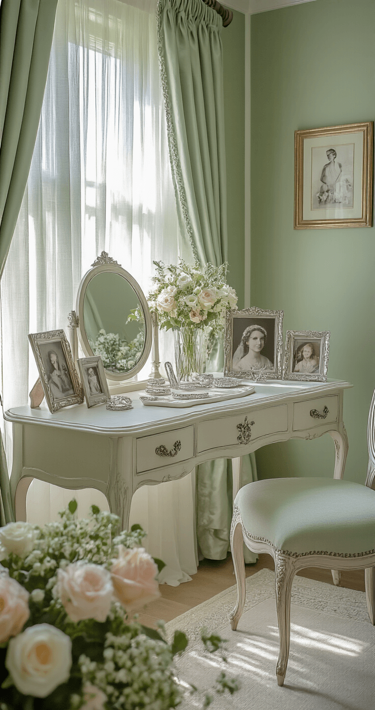 A cozy bridal consultation room featuring sage green silk wallpaper, a vintage vanity displaying three generations of baguette rings and family photographs, surrounded by French Provincial furniture, fresh flowers, and antique silver accessories, all bathed in diffused morning light through sheer curtains.