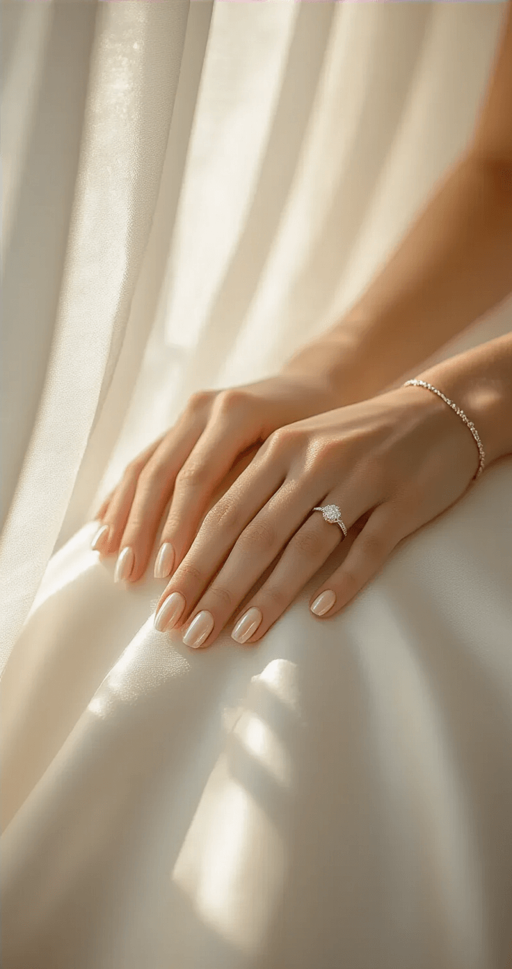 Wedding Nail Colors That'll Make Your Big Day Even More Beautiful Close-up of elegant hands against a white silk wedding dress, featuring a pearlescent blush pink manicure, a vintage engagement ring, and a delicate bracelet, illuminated by morning light streaming through sheer curtains.