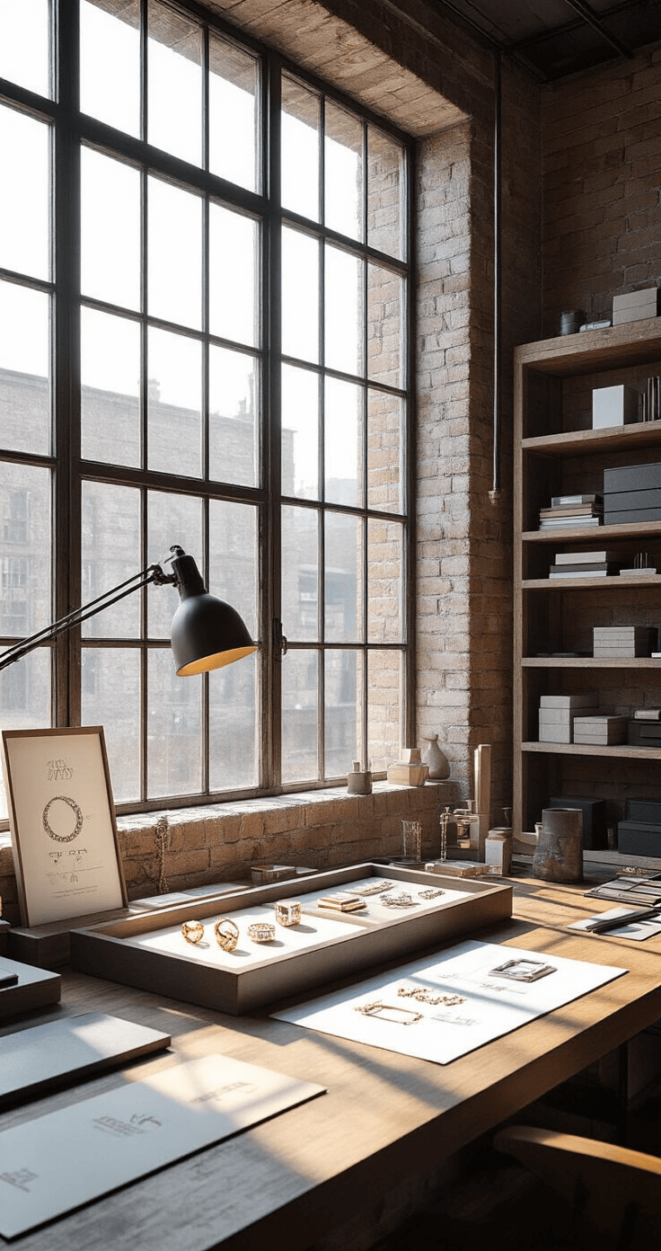 An industrial-chic design studio featuring exposed brick walls, large steel-framed windows casting long shadows in late afternoon light, a custom jewelry workstation with modern baguette ring designs, CAD renderings, and material samples, blending raw and refined elements with urban greys and warm metallic accents.