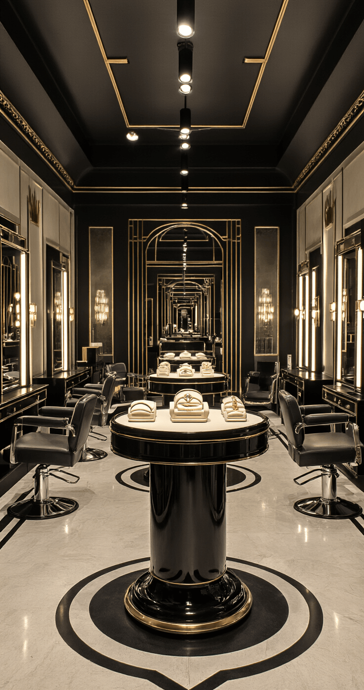 Art Deco-inspired salon showcasing a 16'x20' space with stepped ceiling details, controlled studio lighting, and a central rotating display of baguette rings. The room features period furniture, geometric mirrors, and black lacquered surfaces reflecting spotlighting, all in a black, gold, and silver color scheme, captured from a slightly below eye level perspective to emphasize grandeur.
