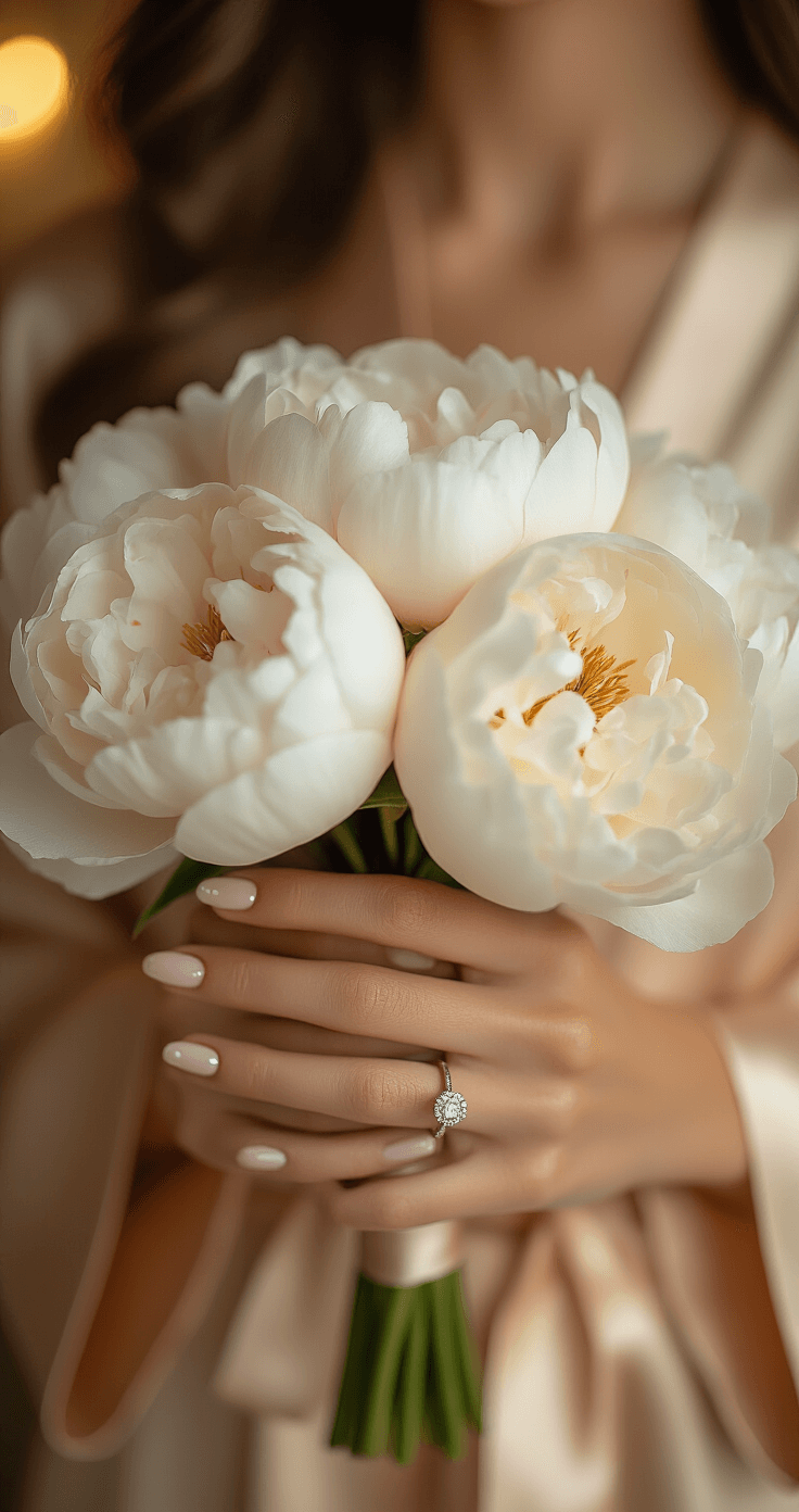 Wedding Nail Colors That'll Make Your Big Day Even More Beautiful Close-up of hands holding a white peony bouquet, showcasing velvet-finish nude nails with pearl accents, against a luxurious hotel room backdrop illuminated by golden hour light, with an engagement ring sparkling and a soft champagne silk robe in the background.