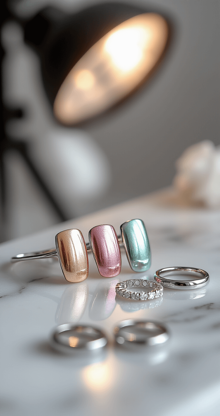 Wedding Nail Colors That'll Make Your Big Day Even More Beautiful Extreme close-up of chrome-finish nails exhibiting color-shifting effects from rose gold to pale pink, with wedding rings artfully arranged nearby on a marble surface, captured in a clean, white photography studio with professional lighting highlighting the intricate details.