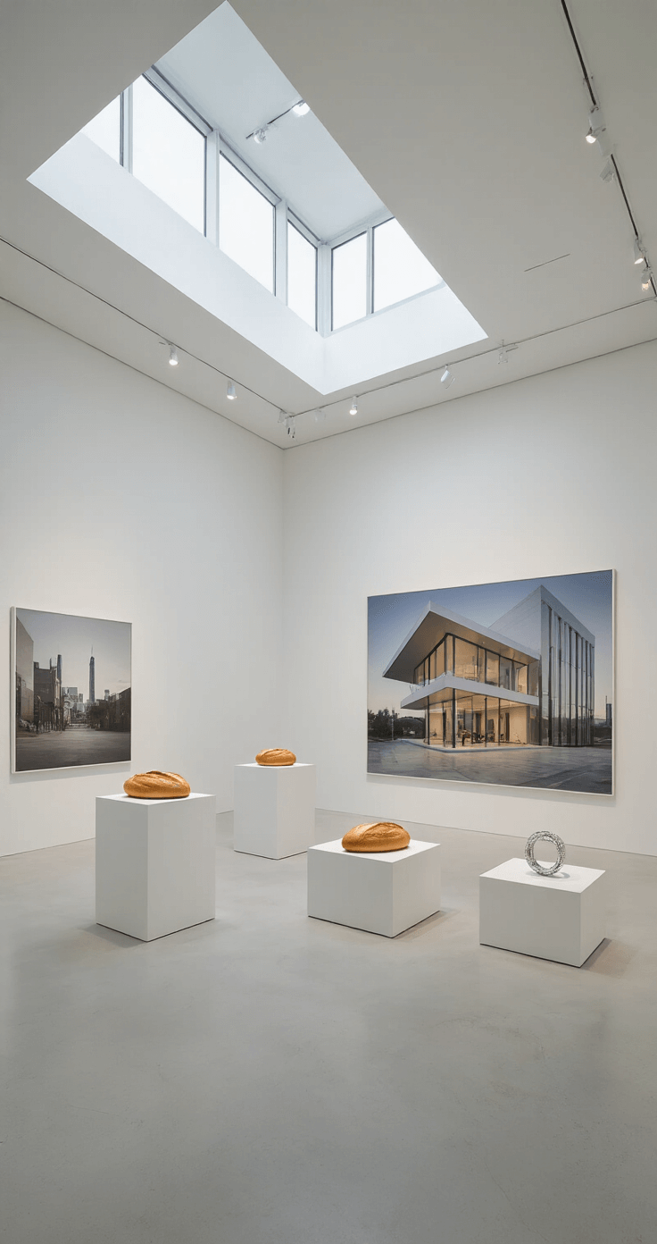 A contemporary art gallery featuring a 30'x40' space with double-height ceilings, filled with natural light from clerestory windows. Minimalist pedestals display single baguette rings alongside large-scale architectural photographs, all set against seamless white surfaces. The scene emphasizes scale and simplicity, with precise lighting highlighting each piece and a pure white backdrop enhanced by platinum and diamond accents.
