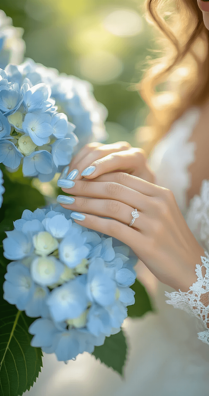 Wedding Nail Colors That'll Make Your Big Day Even More Beautiful A bride's hands delicately arranging baby blue hydrangeas on a garden terrace, showcasing glass-effect clear nails with a subtle blue accent on the ring finger. Lace sleeve detail is visible, with soft late afternoon light illuminating the scene from above, highlighting the transparent nail finish.