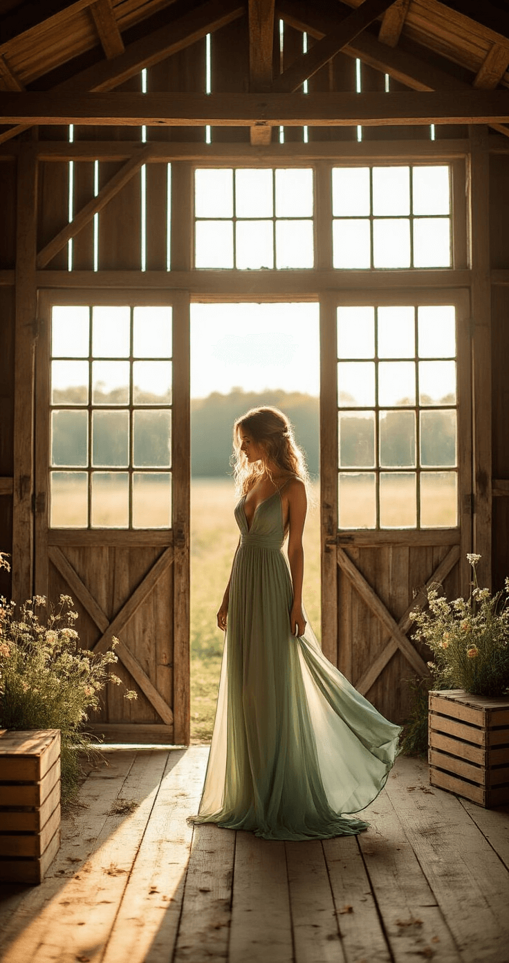 A sunlit rustic barn interior featuring a female model in a sage green chiffon maxi dress, standing by a weathered barn door. Natural light illuminates the scene, highlighting the dress's movement, while wooden beams cast warm shadows. Vintage crates and wildflowers add texture in the foreground.
